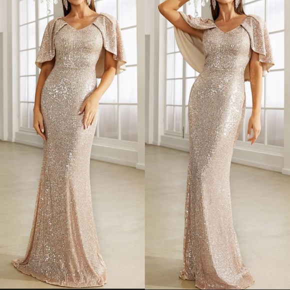 Luxe party formal cloak sleeve mermaid hem sequins gown dress champagne - Picture 1 of 8